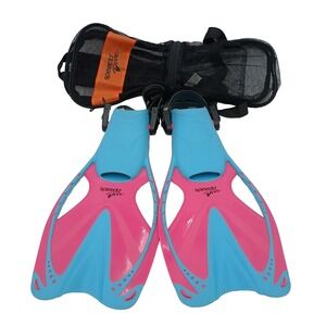 Speedo Dive Diving Flippers Youth‎ Jr Size L/XL US 1-4 Mesh Bag Pink & Blue